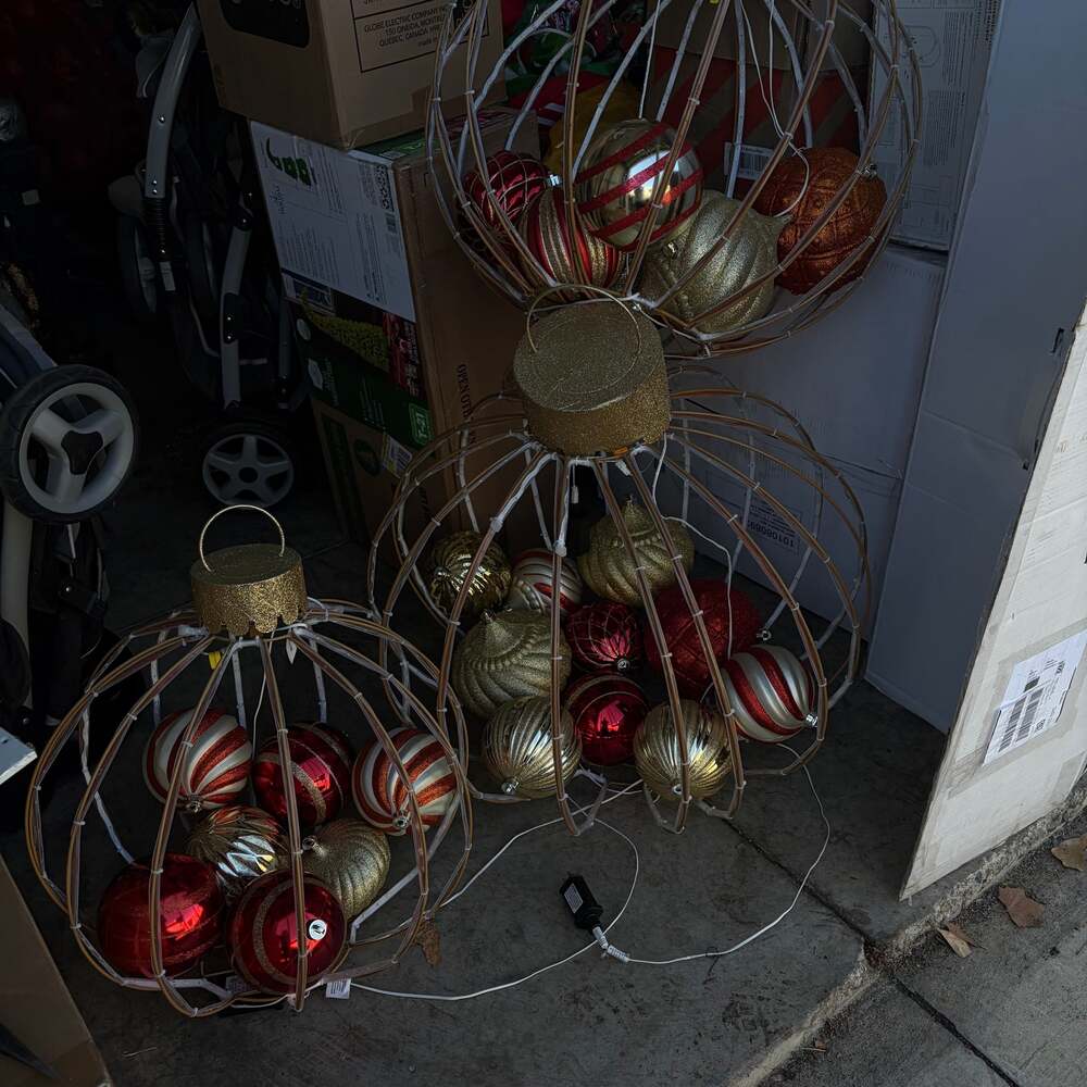Oversized Lighted Wire Cage Christmas Ornaments Set, Red and Gold Holiday Decor